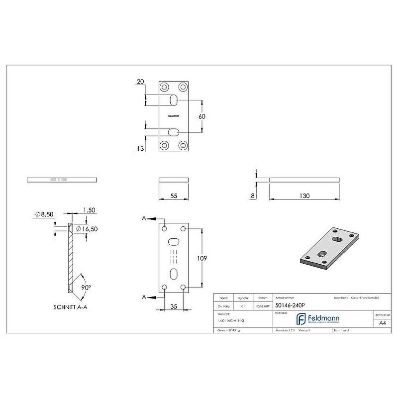 Ankerplatte 130x55x8mm, passend für Spannringe, V2A