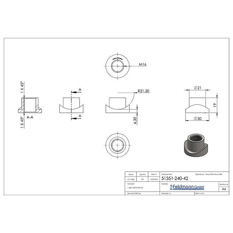 Douille taraudée, adapté au gond 120-M16-VA, pour tube Ø 42,4mm, V2A