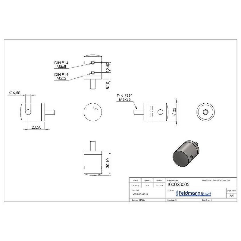 Seilhalter, für 5mm Seil, Anschluss: gerade, V2A