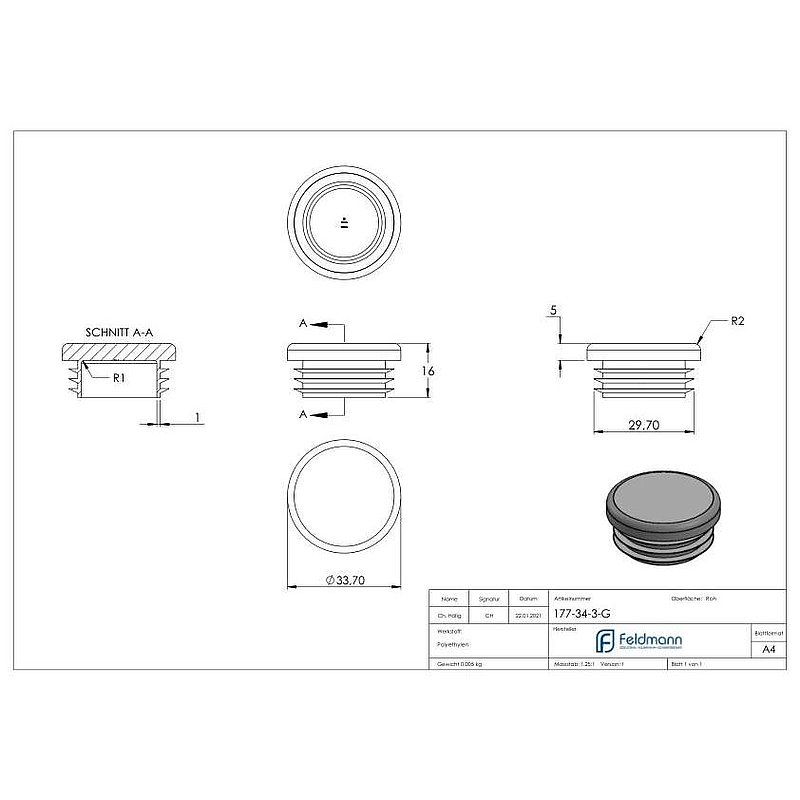 Kunststoffkappe für Rundrohr 33,7mm