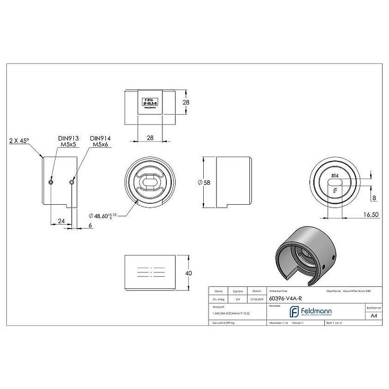 Embase murale pour tube à fond de gorge Ø 48,3mm, droite, V4A