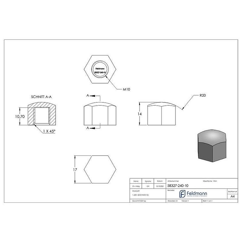 Écrou hexagonal borgne bas M10, DIN 917, V2A