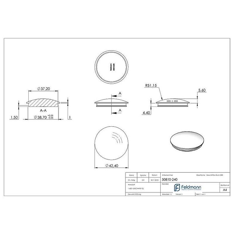 Rohrabschlussstopfen, für Rohr 42,4x2,0mm, V2A