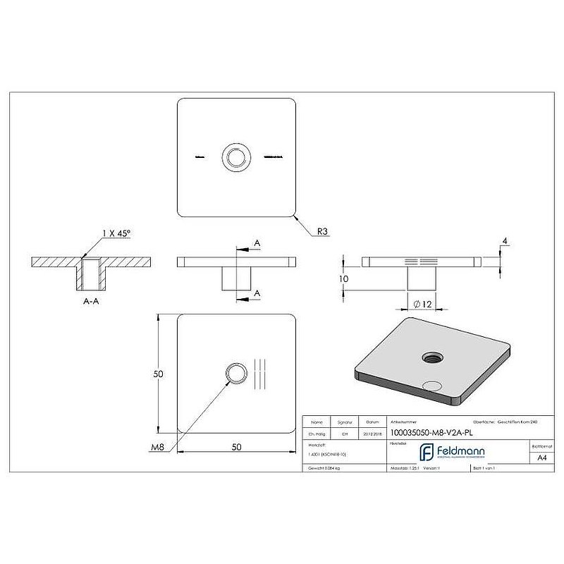 Plate, 50x50mm, M8, AISI304
