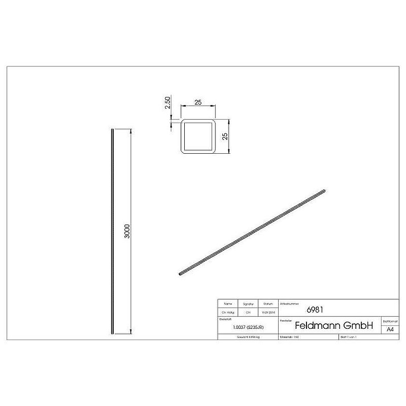 Quadratrohr 25x25x2,5mm, L: 3000mm, gehämmert