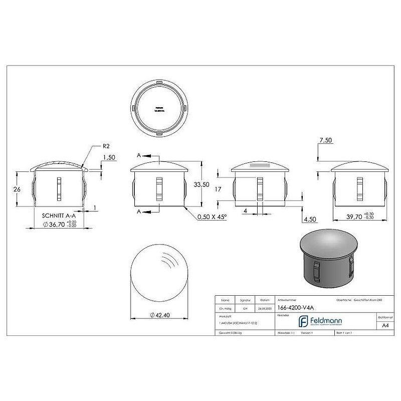 Tube end plug, for tube 42.4x2.0 - 2.5mm, AISI316