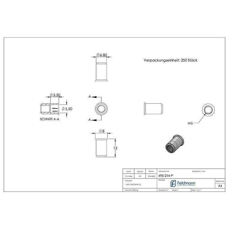 Blind-Einnietmutter, V2A, M5/Loch 7mm, VPE mit 250 Stück, V2A