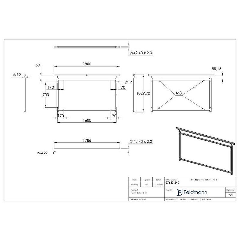 grille de balcon française, droite, largeur : 1,6m, V2A