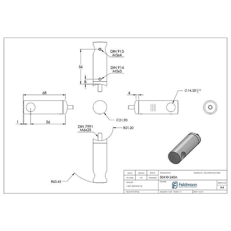Querstabhalter verlängert, mit Durchgangsbohrung für 42,4mm Rohr, 14,2mm Bohrung, V2A