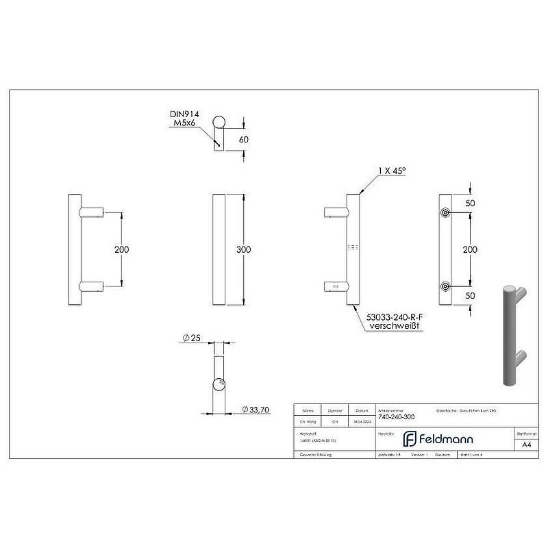 Push handle incl. holder straight with L: 300mm, AISI304