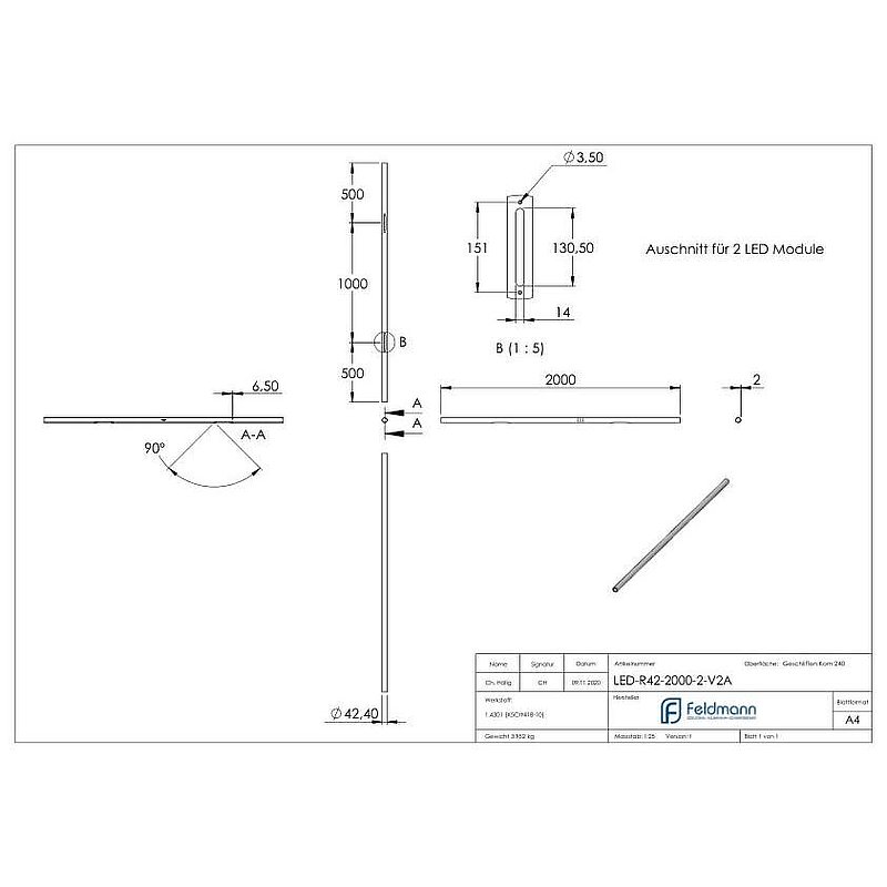 Edelstahlrohr 42,4x2,0mm für LED Module, V2A