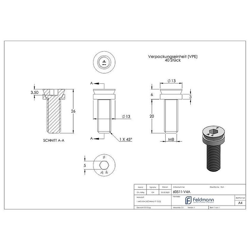 special screw M8 x 20, AISI316, 40 pcs