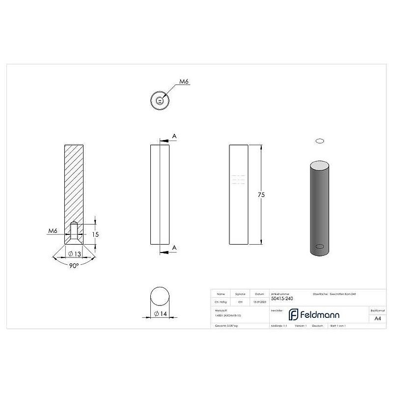 Stift Ø 14mm, L: 75mm, V2A