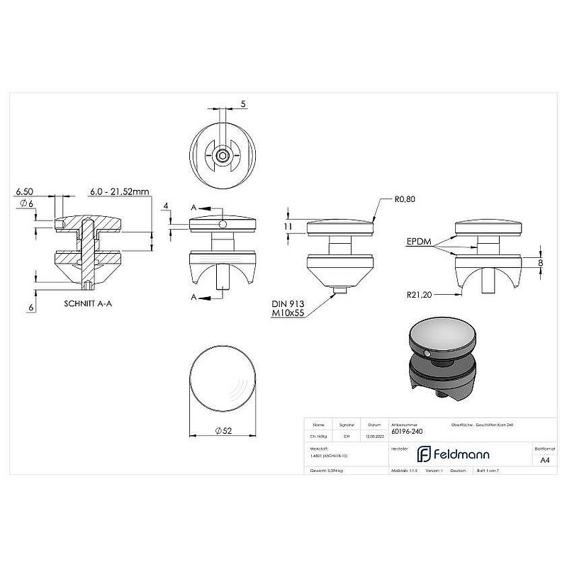 Glaspunkthalter 52mm, Anschluss: 42,4mm, V2A
