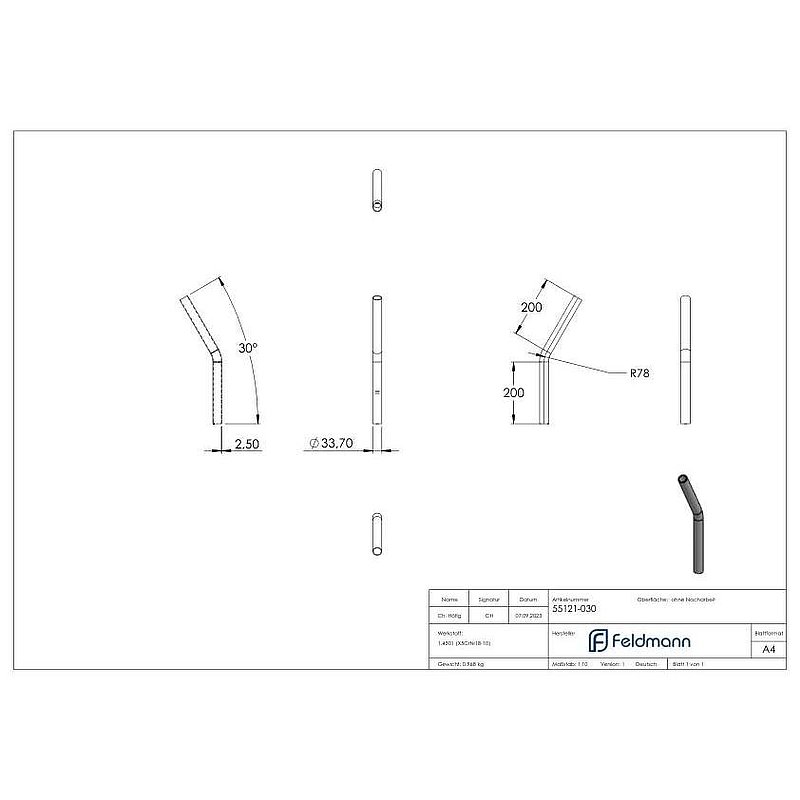 Rohrbogen 30°, aus Rohr 33,7x2,5mm, V2A