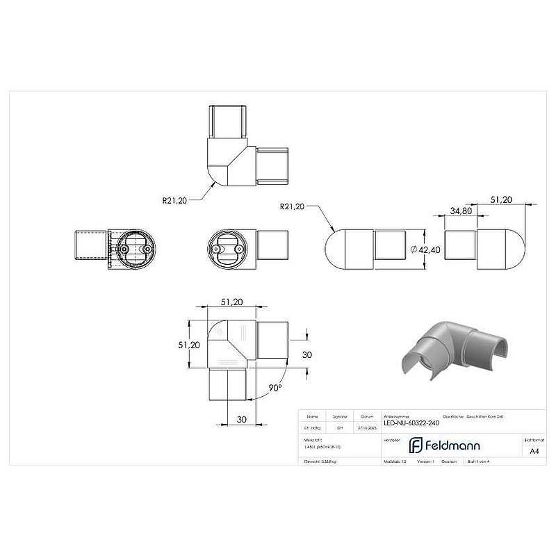 Corner connector for LED slotted tube 42.4mm, AISI304