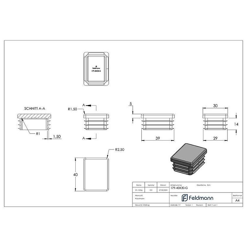 Kunststoffkappe für Rechteckrohr 40x30mm