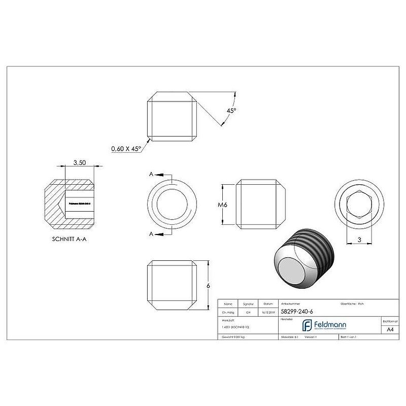 Grub screw M6x6, AISI304, DIN 913 / ISO 4026