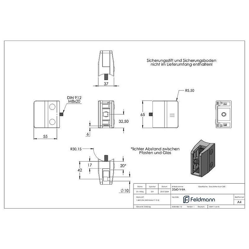 Pince à verre modèle 35, jonction: 60,3mm, V4A