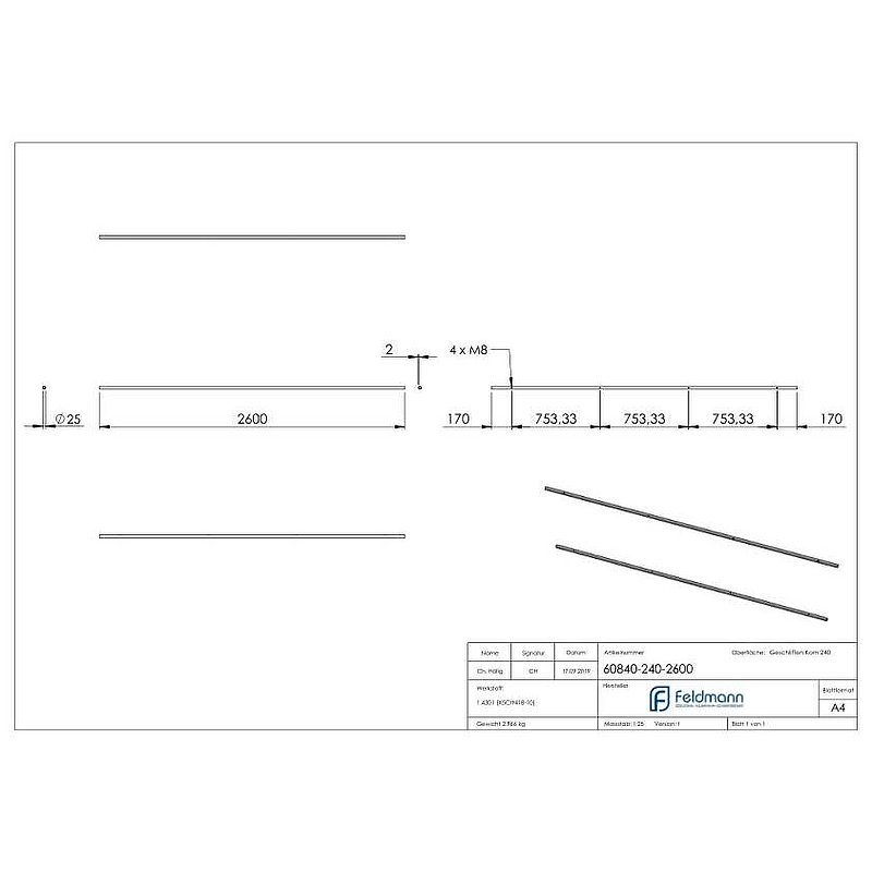 Rail for sliding glass doors, L: 2600mm, AISI304