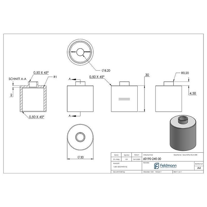 Unterteil Ø 30mm, mit Durchgangsbohrung , T: 30mm, V2A