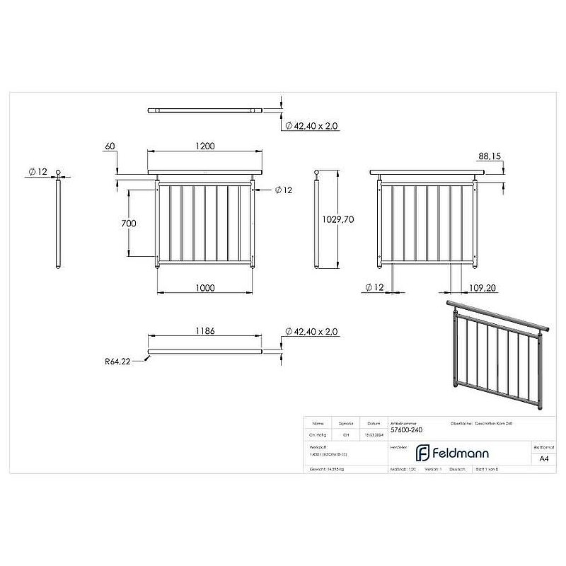 Balcon à la française, droit, L: 1000mm, V2A