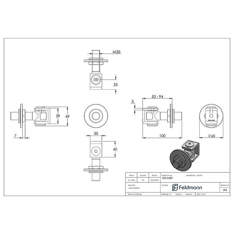 Door hinge M20, galvanised