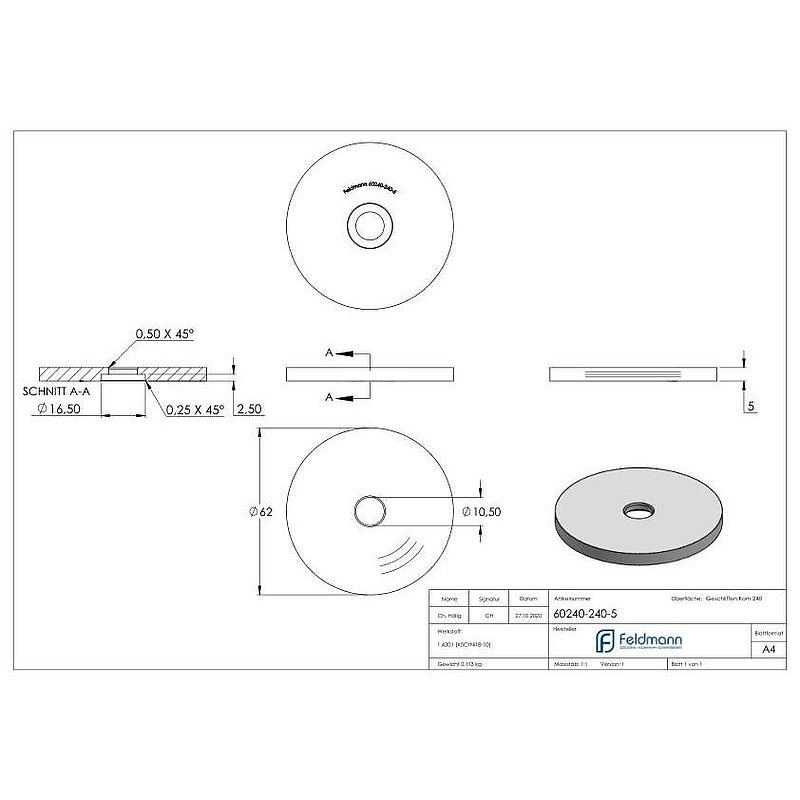 Partie inférieure pour point de fixation 62mm, ép.: 5mm, V2A
