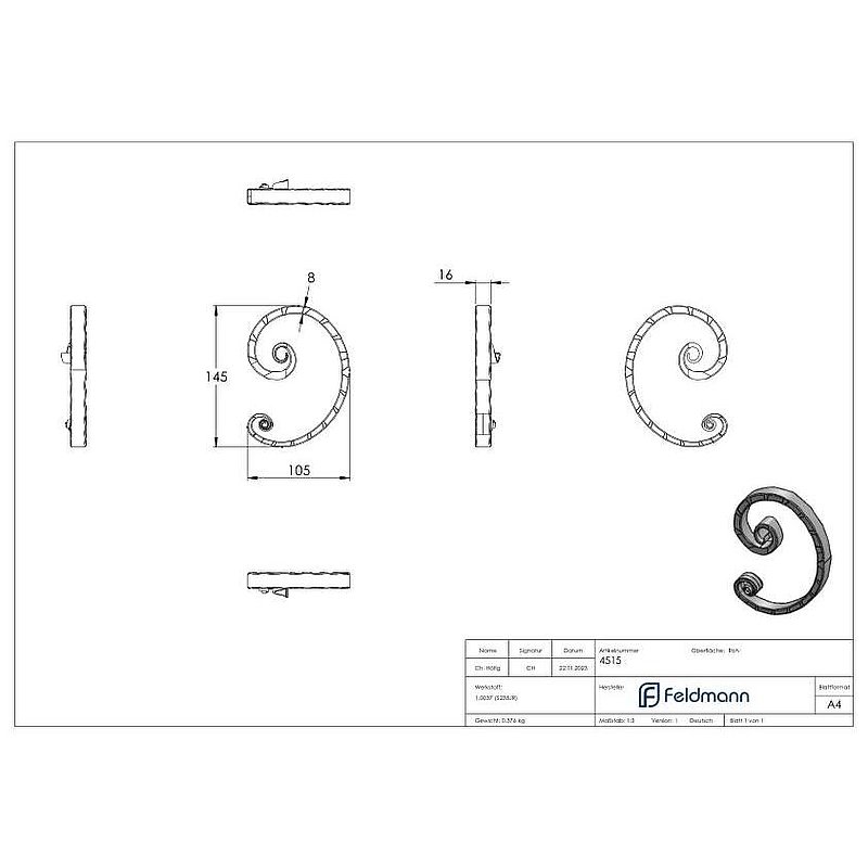 Volute en forme de C 16x8mm, 145x105mm, gauche