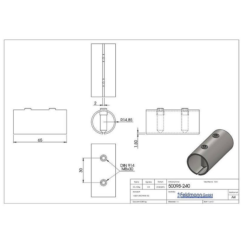 Verbindungshülse für Rohr 33,7x2,0mm, V2A