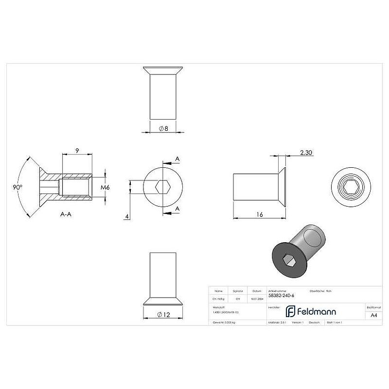 Écrou à douille à tête fraisée et 6 pans creux, M6x16, V2A