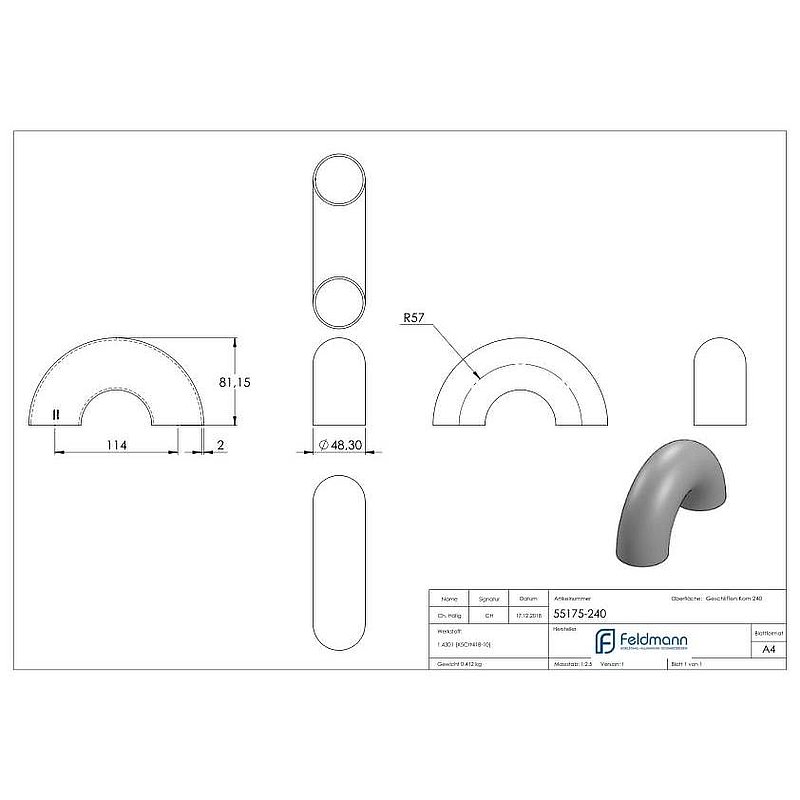 Schweißbogen 180°, 48,3x2,0mm, V2A