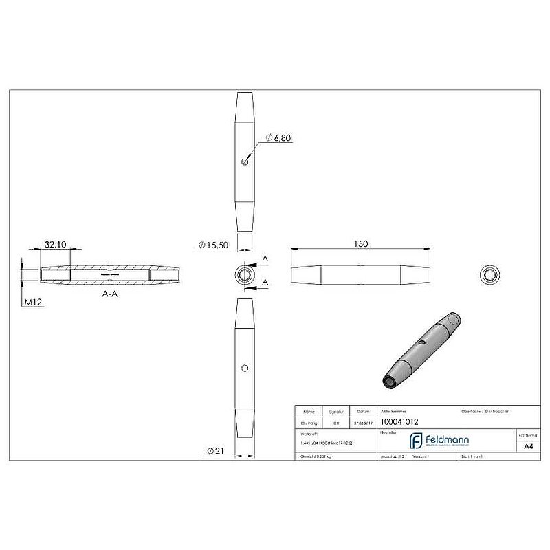 Wantenspanner mit Links- und Rechtsgewinde M12,V4A
