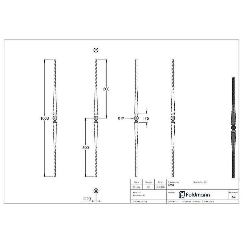 Zierstab 13x13mm, gehämmert, H: 1000mm