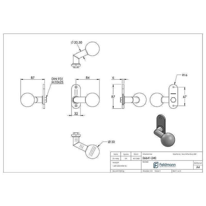 Door knob, Ø 50mm, with short backplate, AISI304