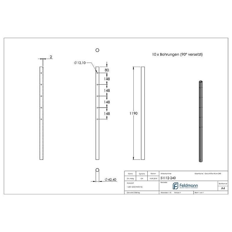 Edelstahlpfosten aus Rohr 42,4mmx2,0mm, V2A
