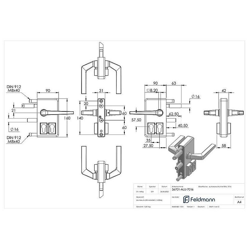 Serrure à grille GTS 2 avec double cylindre pour tube de 40-60mm d'épaisseur, boîtier RAL 7016