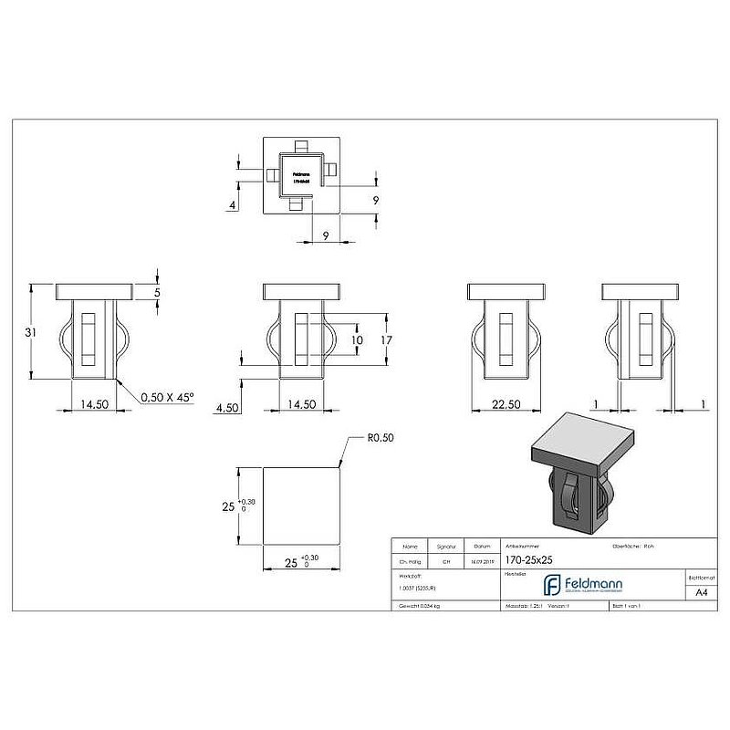 Steel end cap, for square tube 25x25mm