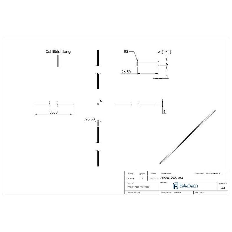 Main courante EXTRA SLIM, pour verre 24,00 - 25,52mm, L: 3000mm, V4A