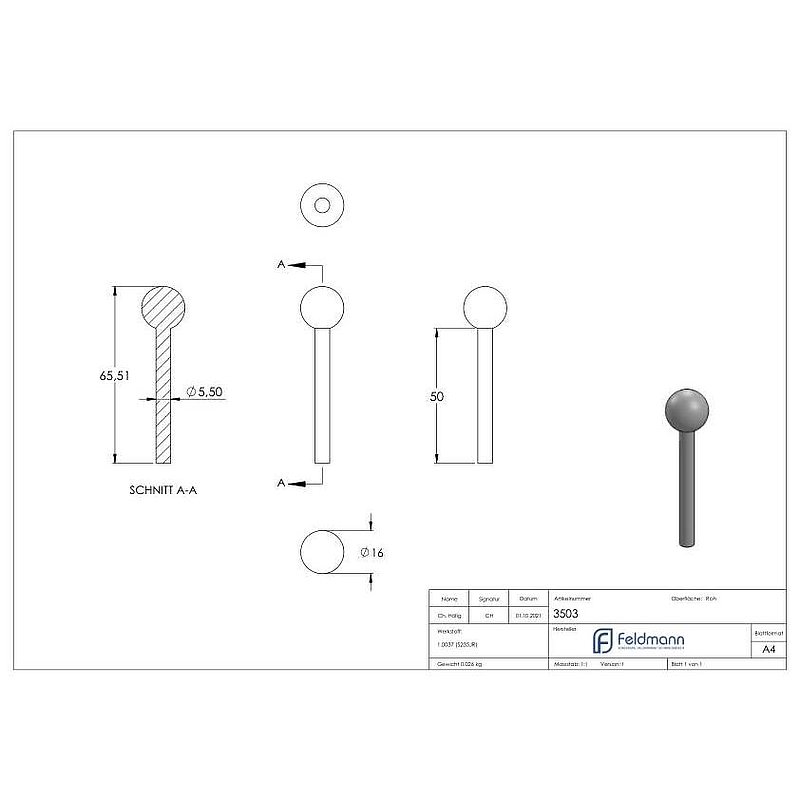 Ball head bolt, ball 16mm