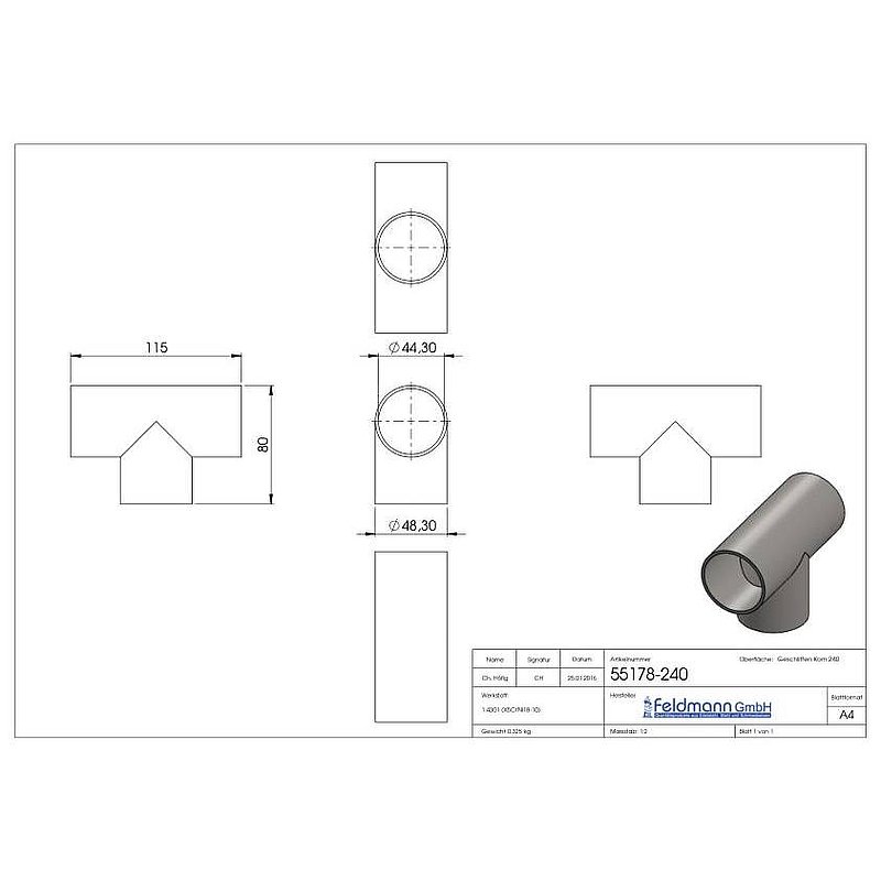 T-Stück, 48,3x2,0mm, V2A