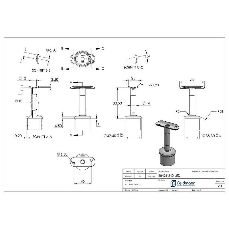 Tube end plug with pin for LED handrail, AISI304