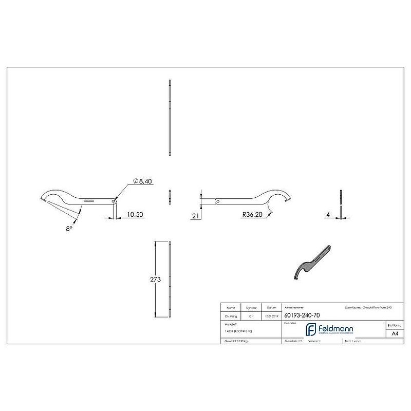 Clé à griffe pour point de fixation 72mm, V2A