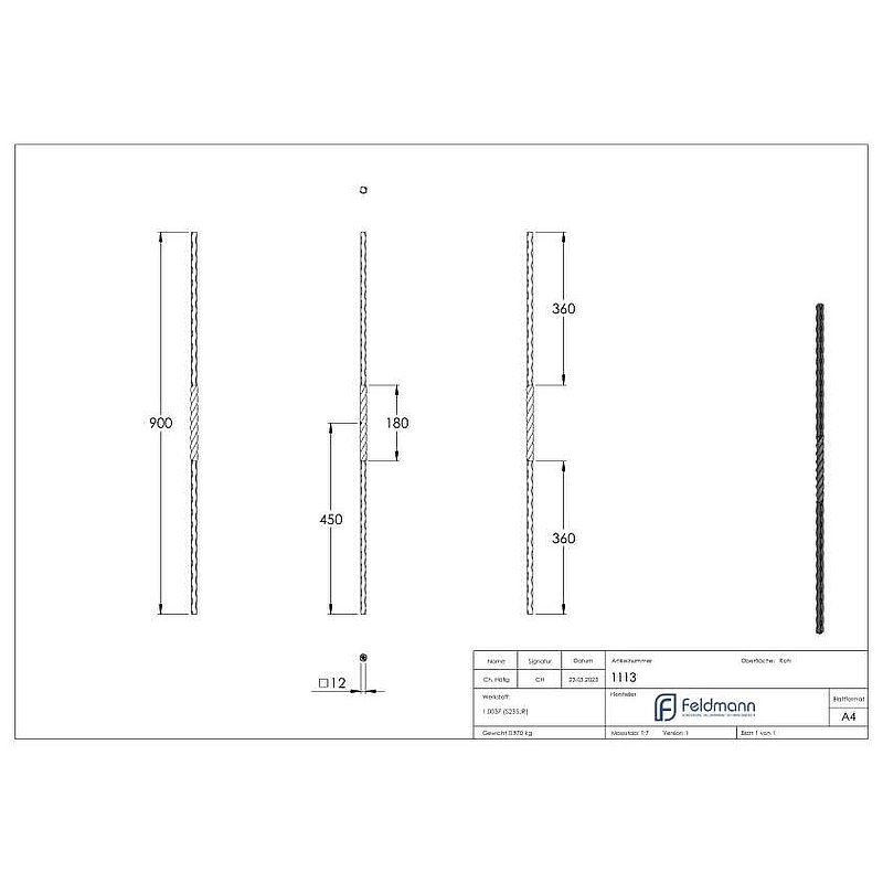 Zwischenstab 12x12mm, gehämmert, H: 900mm