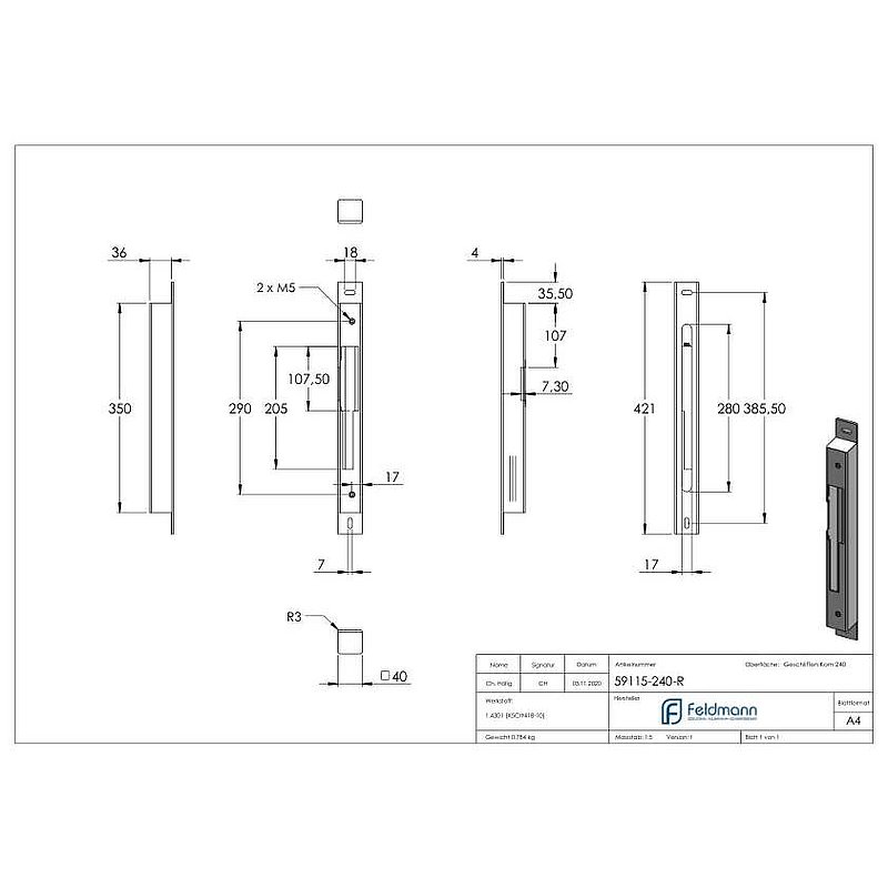 Gâche pour porte, à visser, avec entraxe 72 / 92 mm avec 40mm, DIN R, V2A