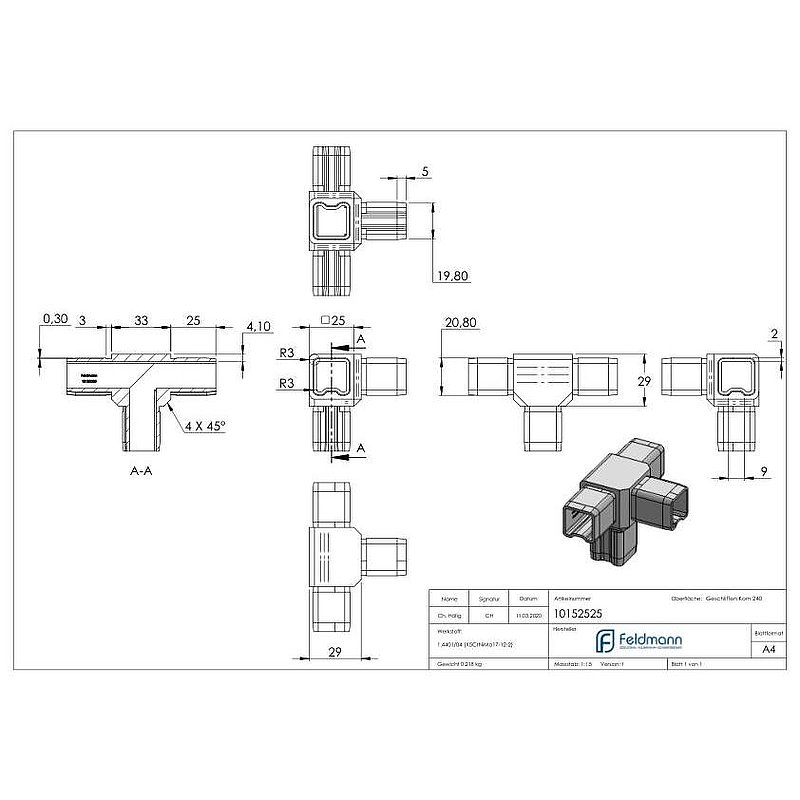 Connector for tube 25x25x2.00mm, AISI316
