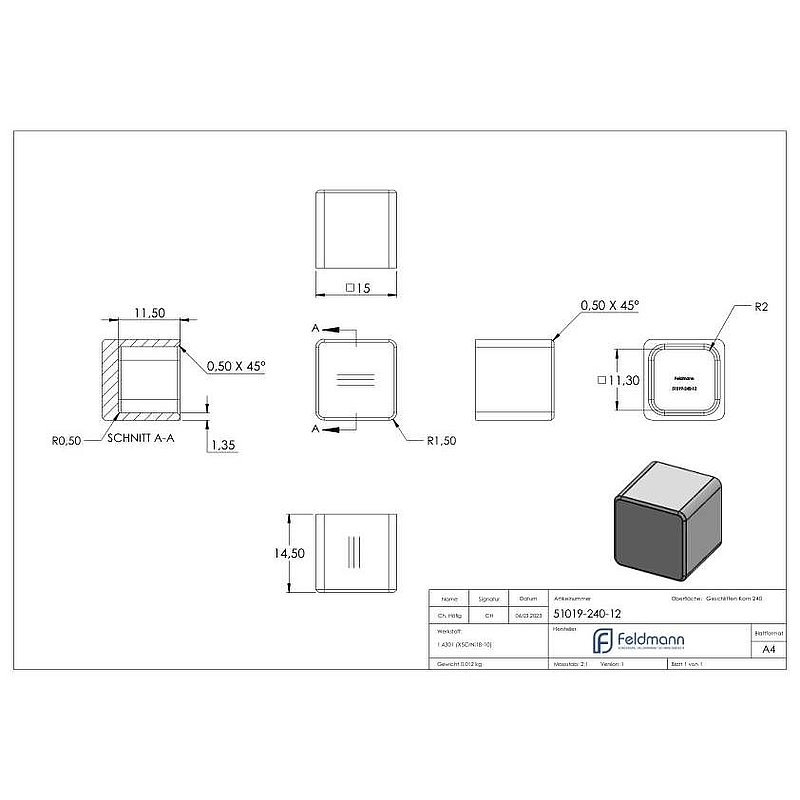 Endkappe für 12x12mm Vierkant, V2A