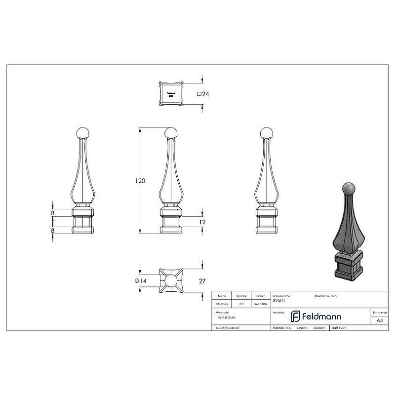 Elément d'ornement en fer de lance 24x24mm, 120mm