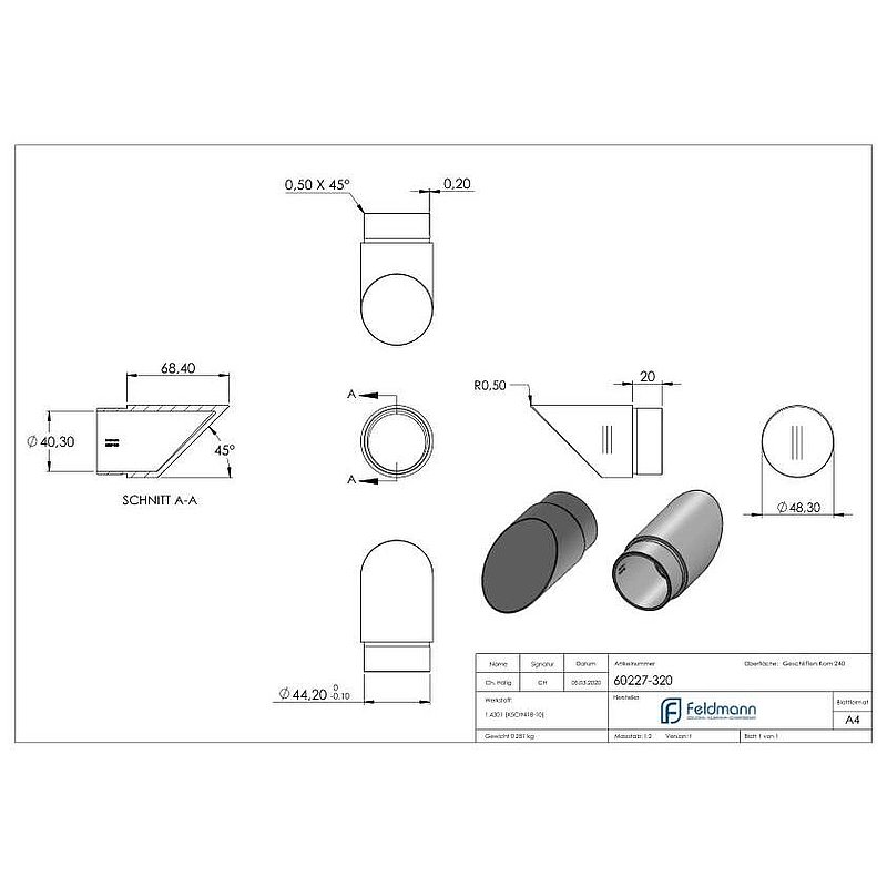 Endbogen 45°, für Rohr 48,3x2,0mm, V2A
