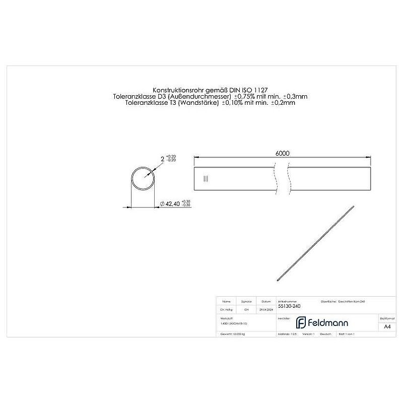Edelstahlrohr, 42,4x2,0mm, L: 6000mm, V2A